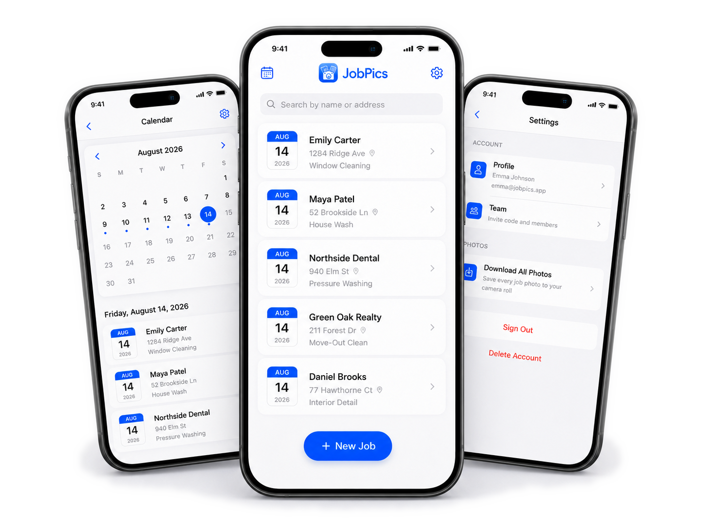 JobPics on iPhone — calendar, job list, and settings screens